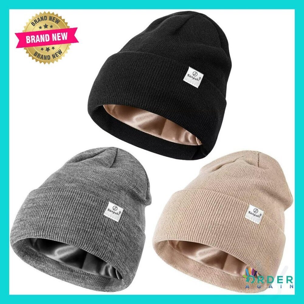 Satin Lined Winter Beanie Set Soft Warm Chic Hair Protective Stretchy